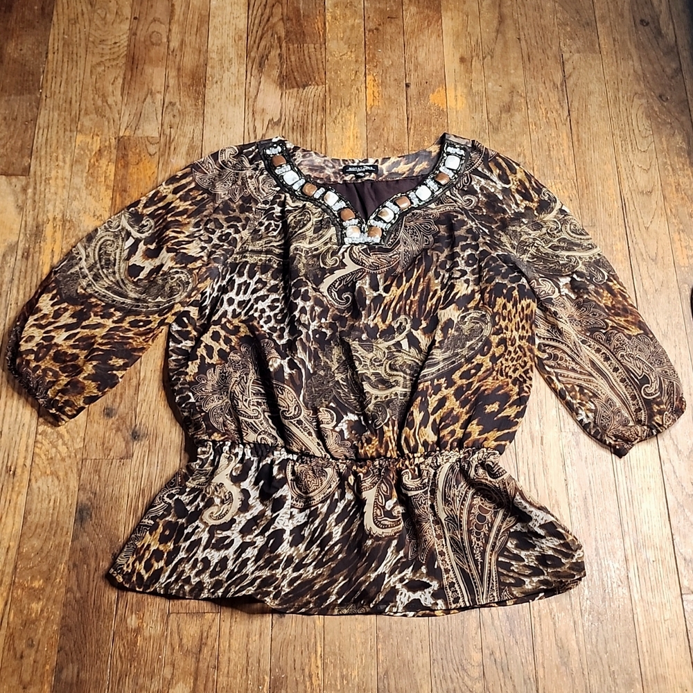 Leopard Print Semi Sheer Beaded Blouse Top Petite